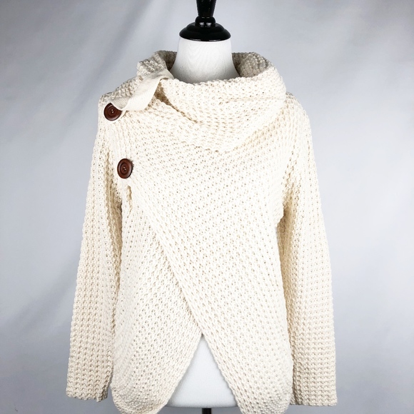 Cream Cowl Neck Knit Button Sweater Top - Picture 6 of 8